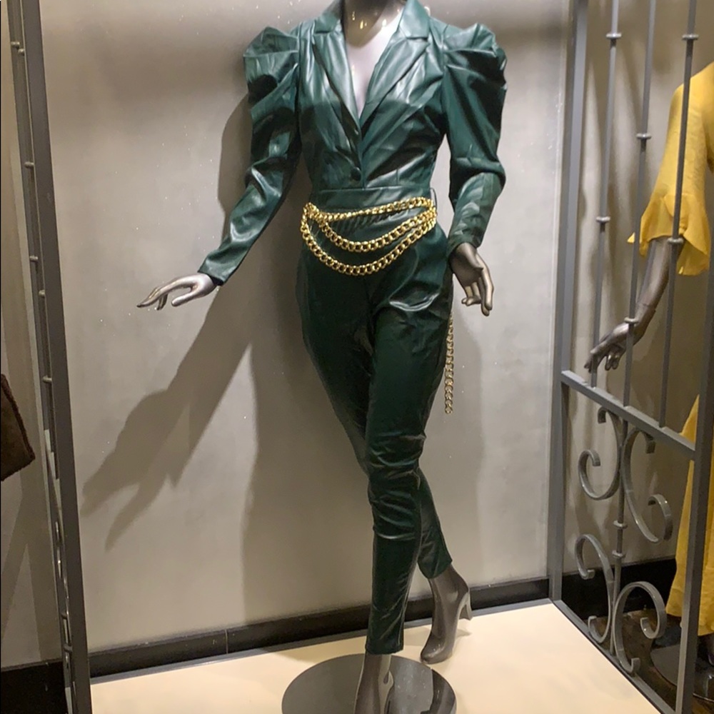 Green Jumpsuit Vegan Leather Puff Sleeves